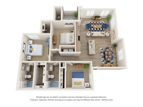 Floor plan for 3 beds, 2 baths, 1220 sqft